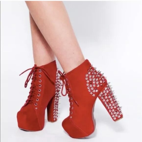 NEW Jeffrey Campbell 5 5.5 RED LITA SPIKE Studded Ankle Boots - Picture 3 of 4
